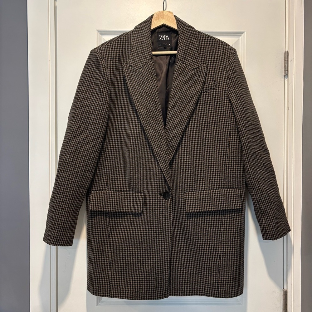 Zara Houndstooth Shoulder-pad Brown Blazer, Wool Blend, Size L, Classic Career - Picture 5 of 12